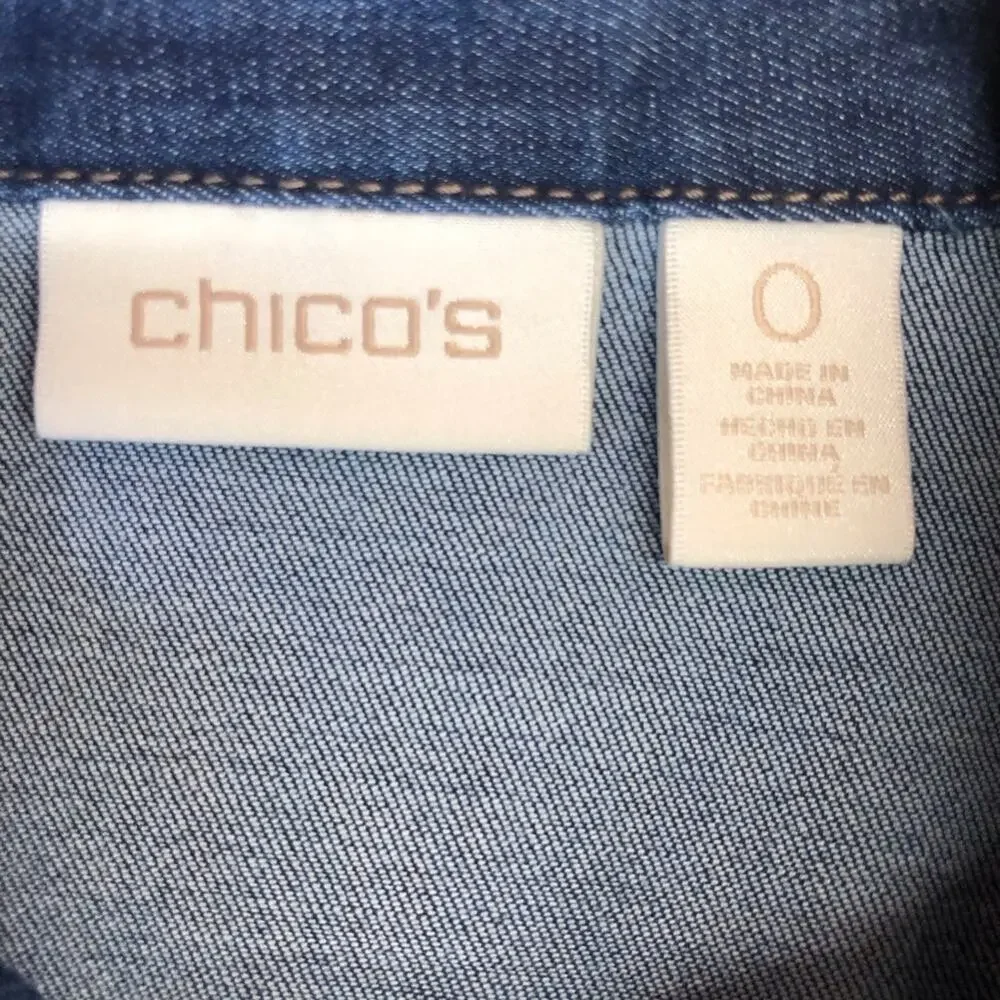 Chicos Size 0 Denim Snap Front Tunic Top Long Sleeve Western Style Bling Yoke